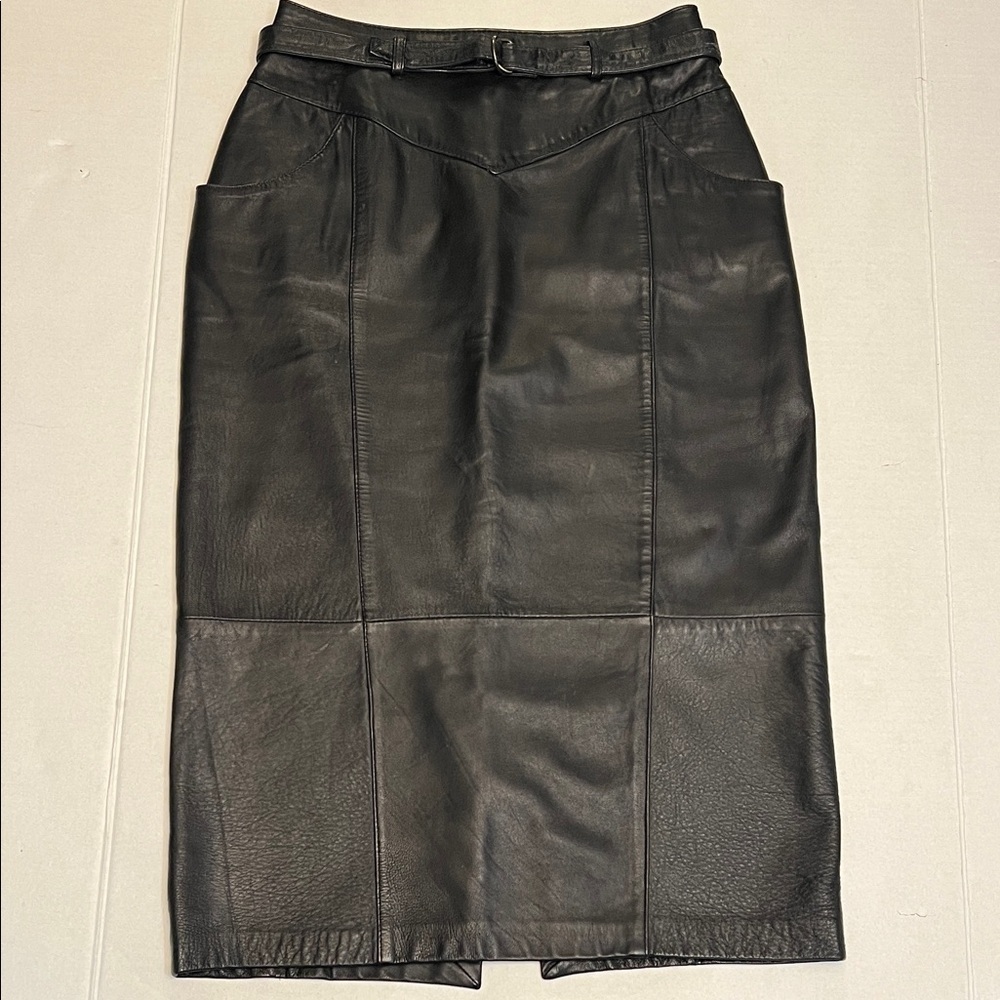90’s VINTAGE SAK’S FIFTH AVENUE BELTED BLACK LAMB LEATHER MIDI SKIRT SIZE 8